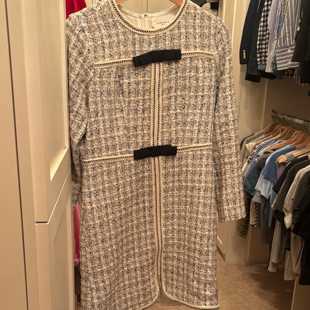 Pomander Place Black and Gold Tweed Dress with Black Bows